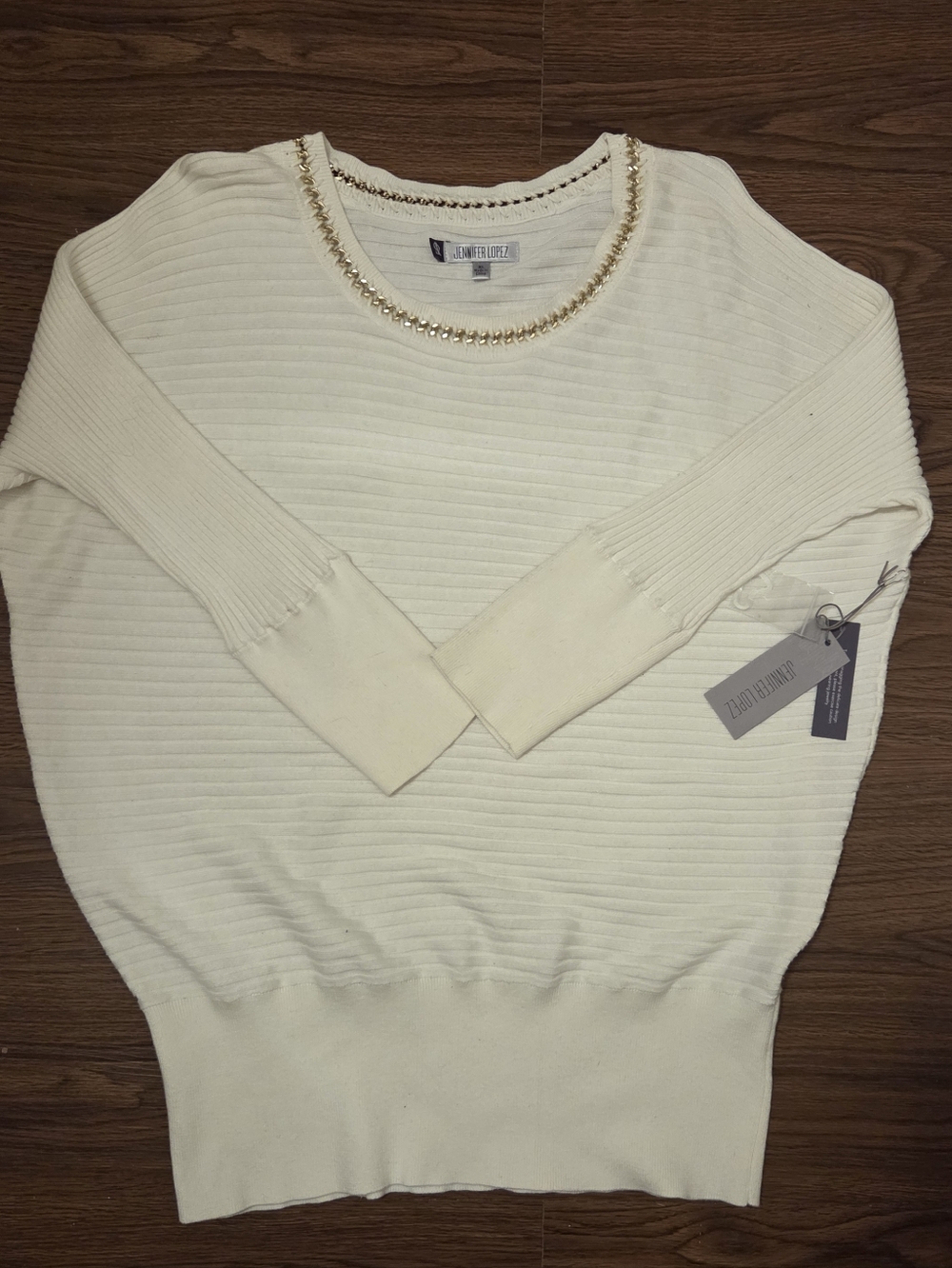 Jennifer Lopez Ivory Embellished-Neck Ribbed Sweater